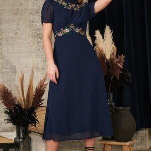 Elegant Navy Blue Embroidered Dress